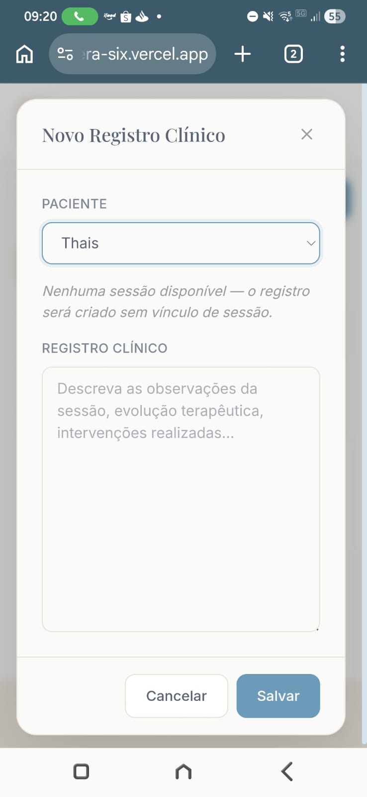 Prontuário do Thera no celular